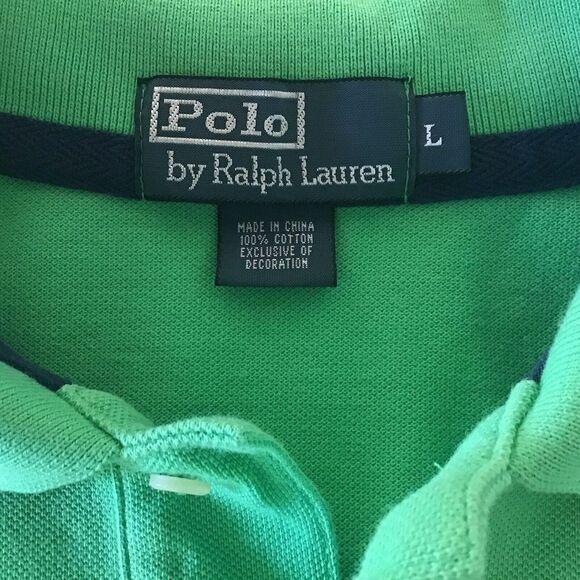 Polo By Ralph Lauren Lrge Green Pique Polo Shirt Navy Polo Crossed Mallets Crest - Picture 13 of 14